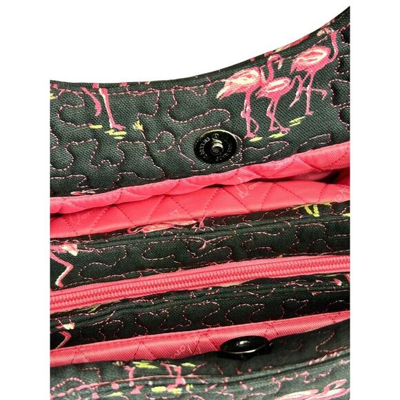 Donna Sharp Quilted Handbag Black Pink Flamingo All Over Print Tote Shoulder Bag - Picture 3 of 16